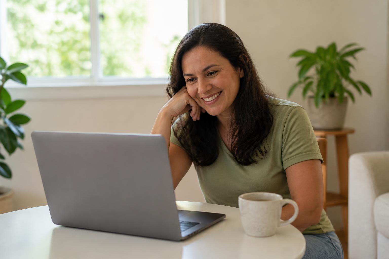 Mulher de aproximadamente 35 anos sorrindo durante uma sessão de terapia online em casa